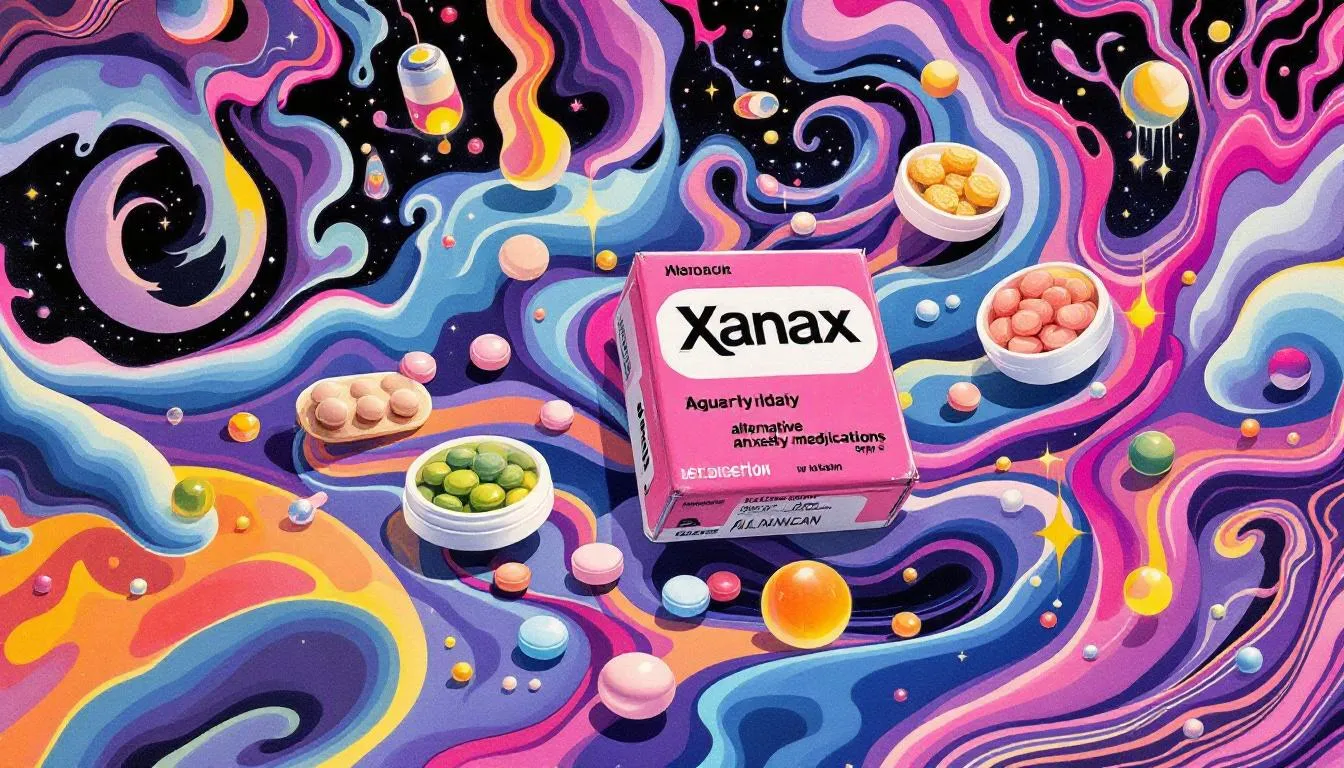 An array of alternative medications for anxiety treatment displayed beside a pink Xanax bar.