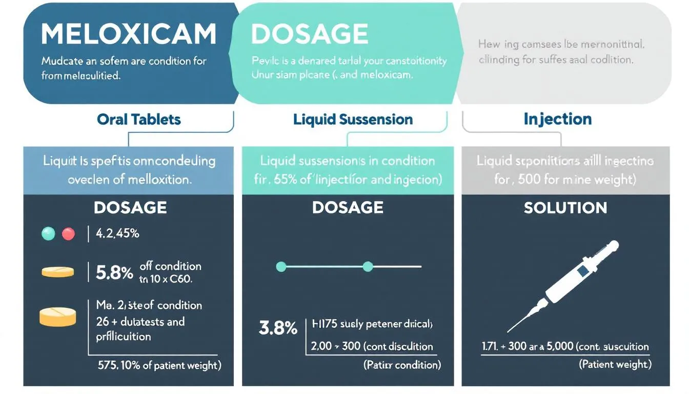 Dosage instructions for meloxicam, focusing on different forms of administration.