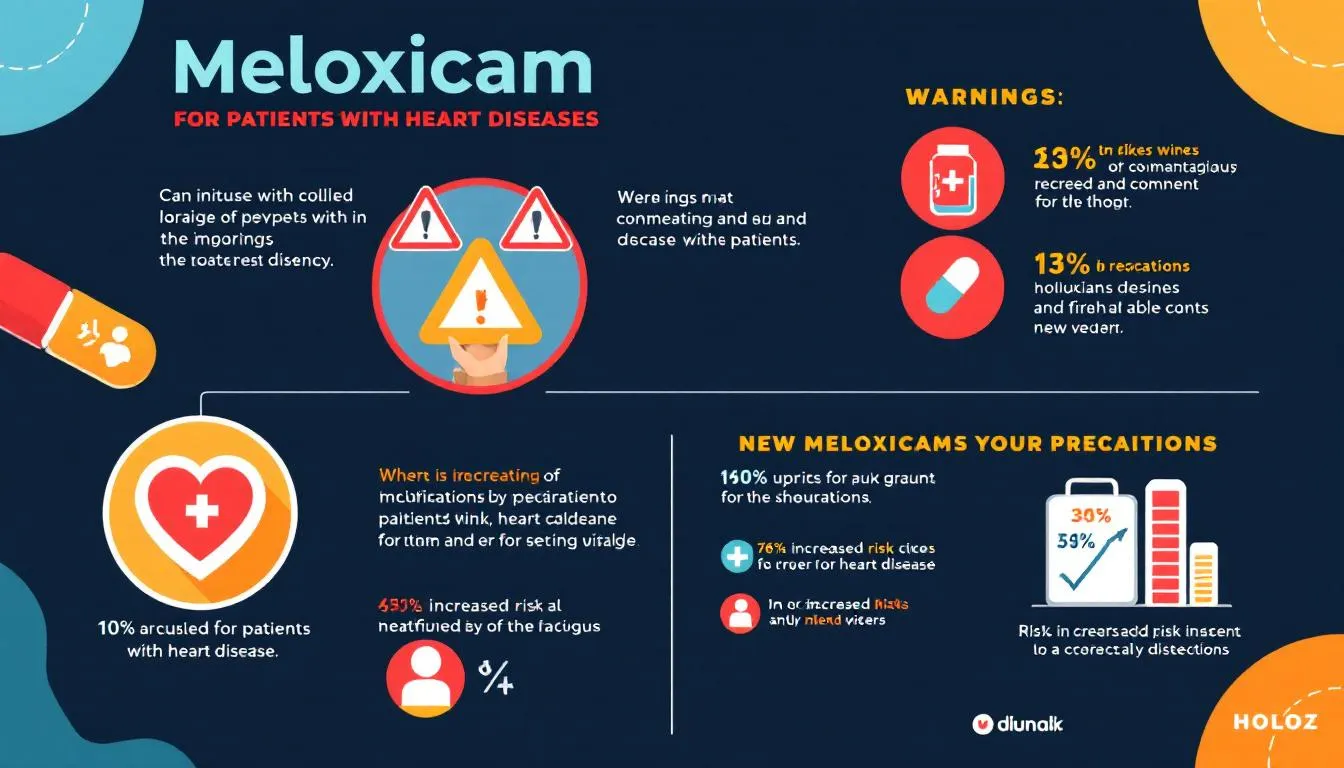 Warnings and precautions related to meloxicam usage, especially for patients with heart disease.