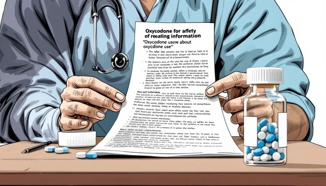 A person reading safety tips regarding oxycodone use with some pills in view.