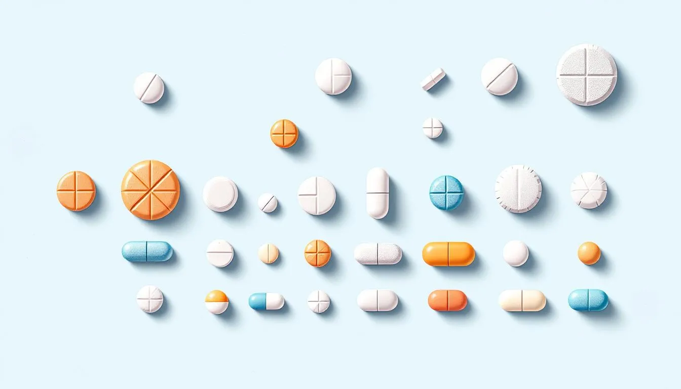 A collection of different percocet pills showing various colors and shapes.