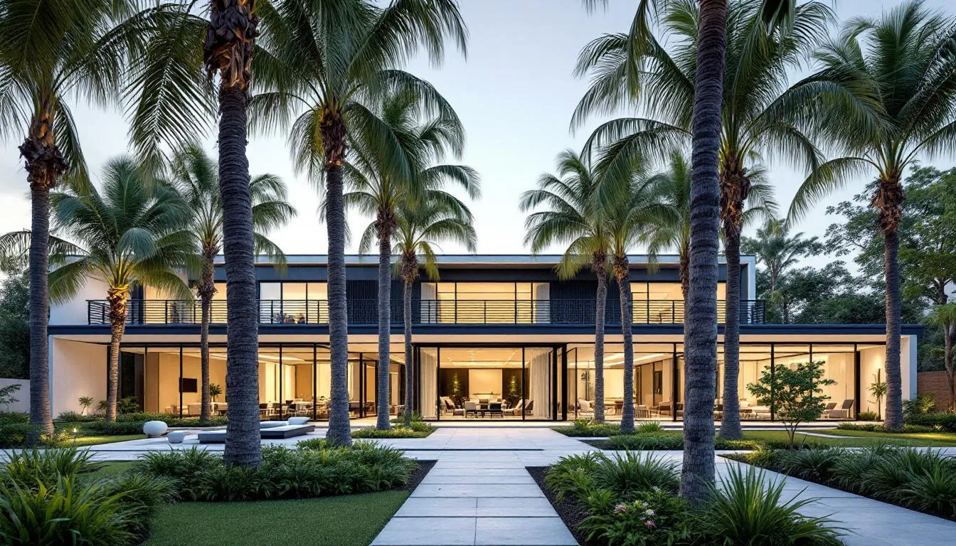 The image depicts a modern rehabilitation facility surrounded by palm trees, featuring serene therapeutic outdoor spaces designed for relaxation and healing. This environment supports individuals seeking addiction treatment and recovery from drug and alcohol addiction, offering a peaceful setting for mental health rehab and various treatment options.