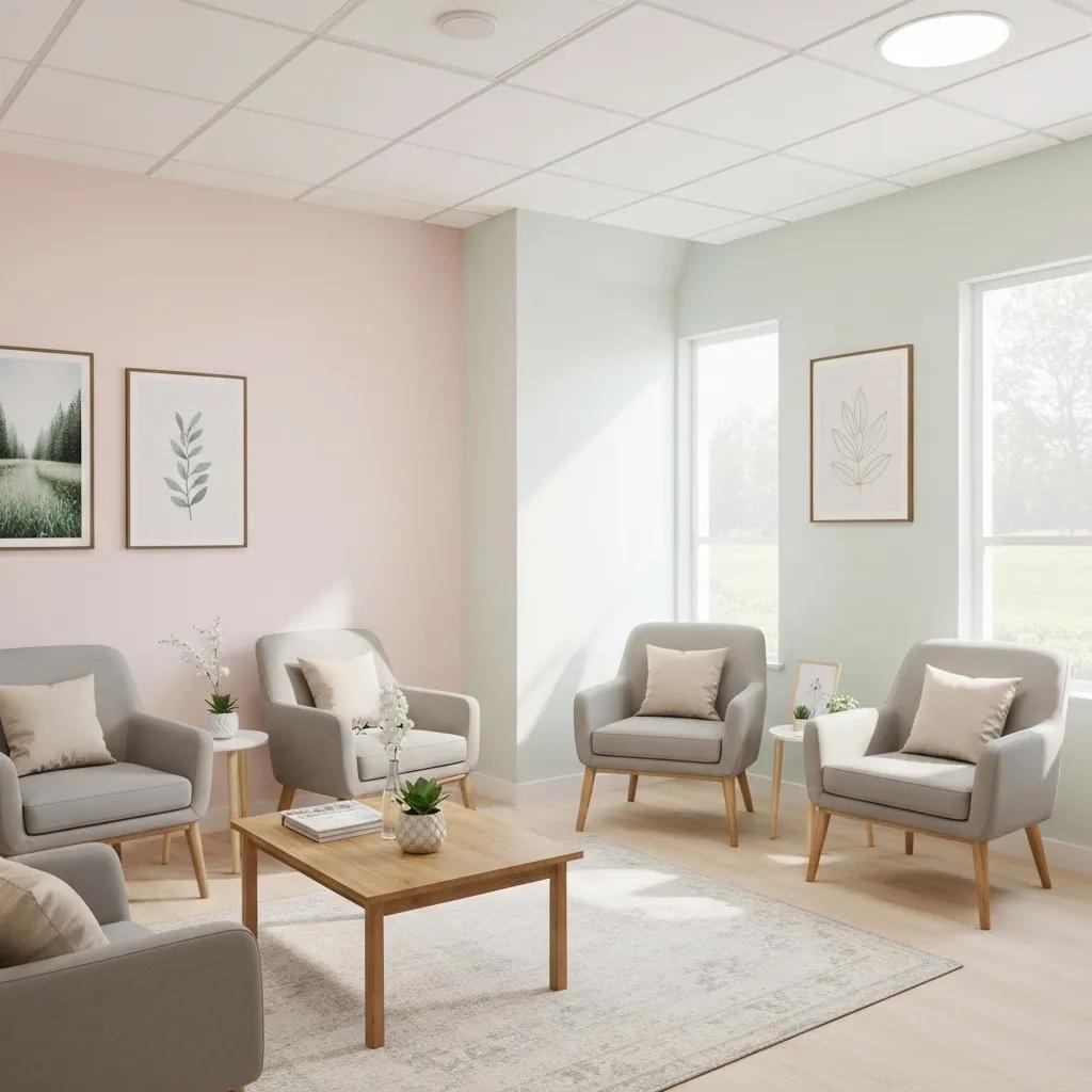 Tranquil therapy room representing addiction treatment and mental health recovery