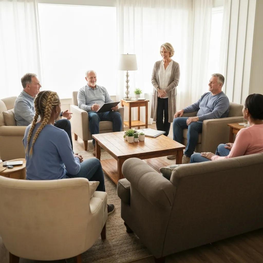Supportive group therapy session in inpatient rehab highlighting connection and healing