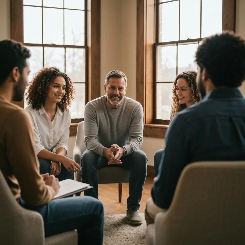Group therapy session in a rehabilitation center, highlighting support and engagement